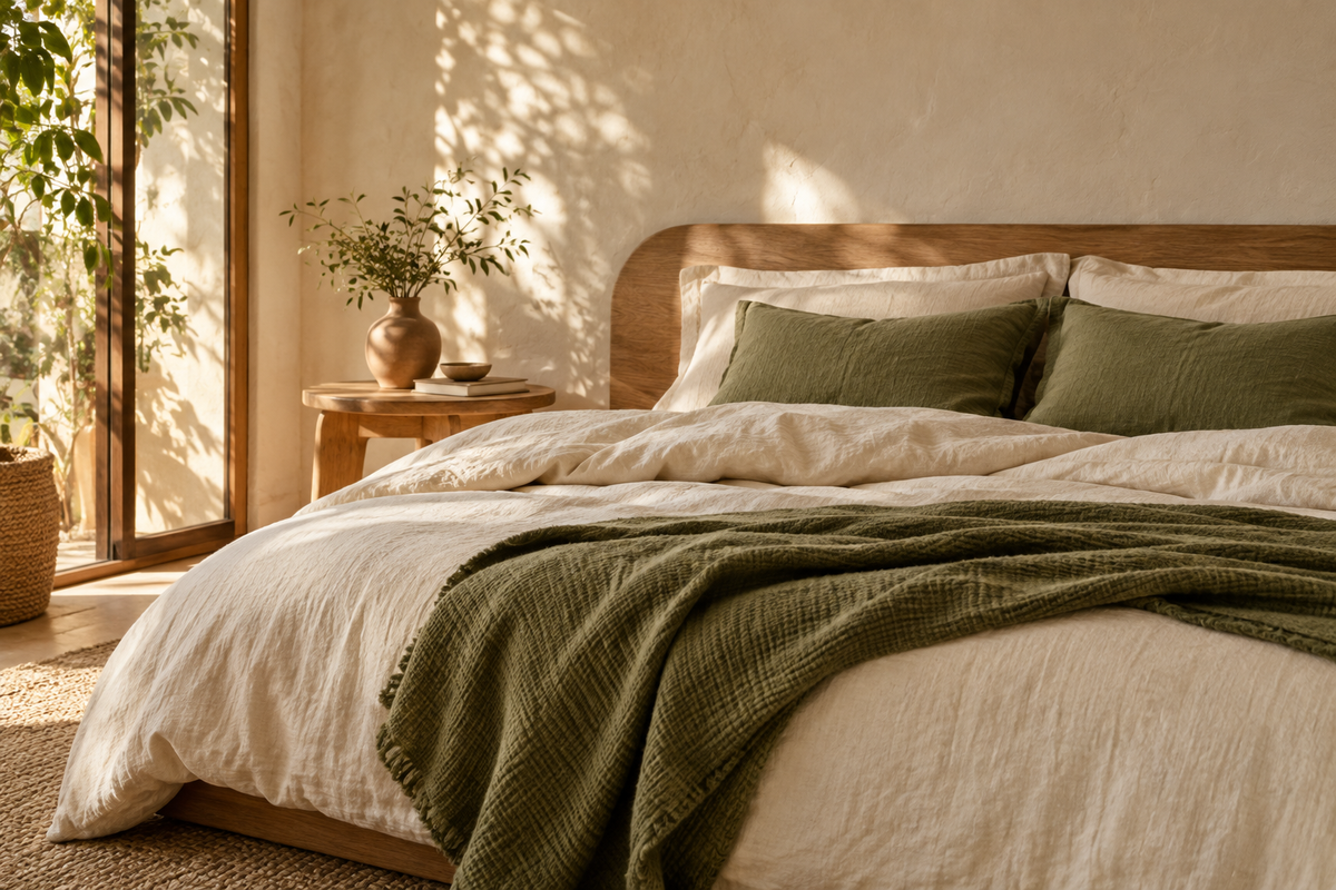 Imagen de ambiente de un dormitorio en tonos avena y oliva; no representa productos disponibles.